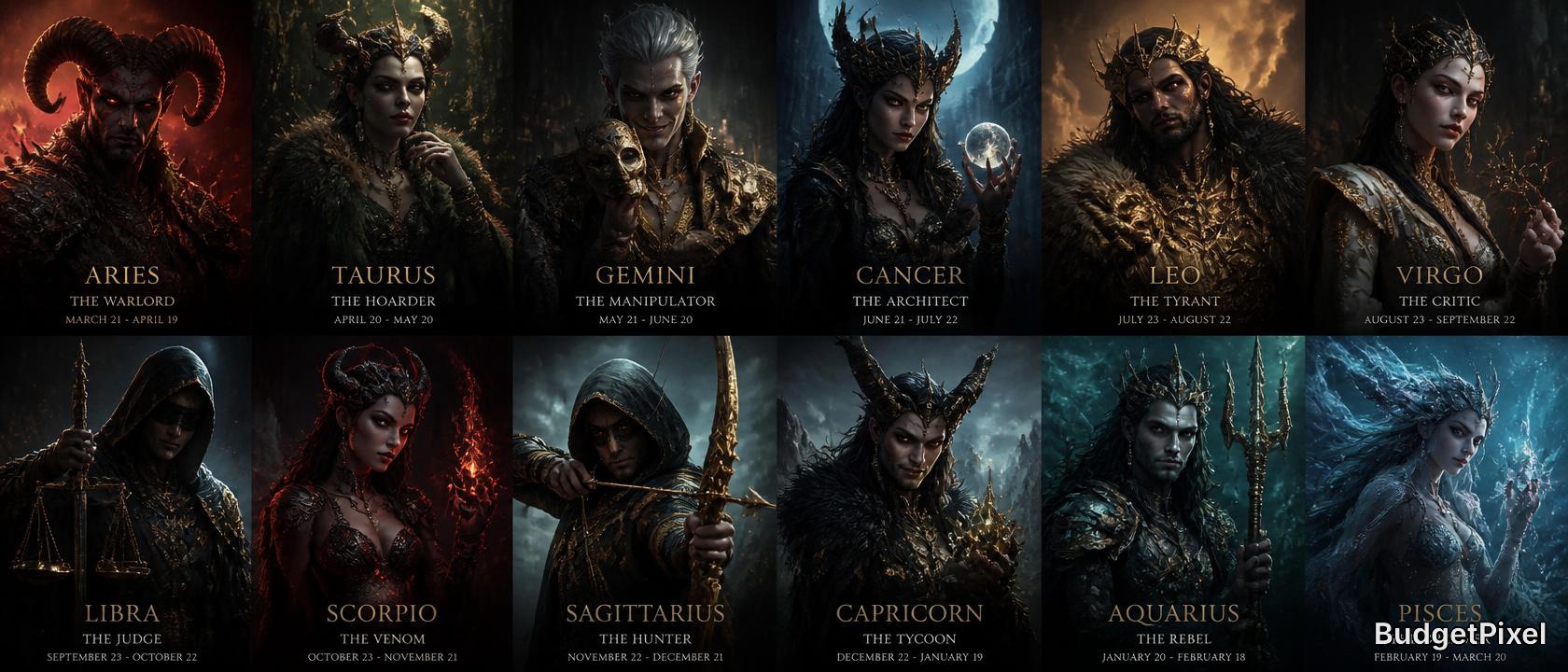 Fantasy collage of the twelve zodiac-sign characters in dark, epic armor and mystical poses.