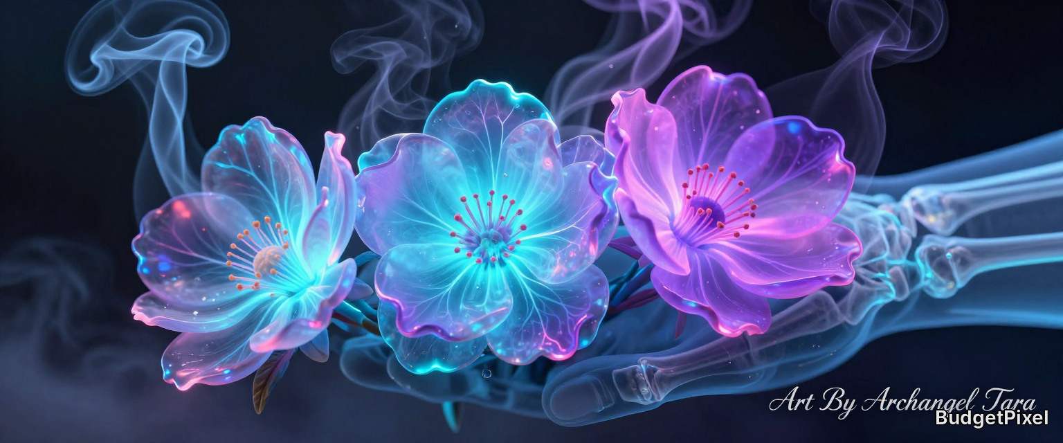 Glowing neon blue and pink flowers against a dark, ethereal background.