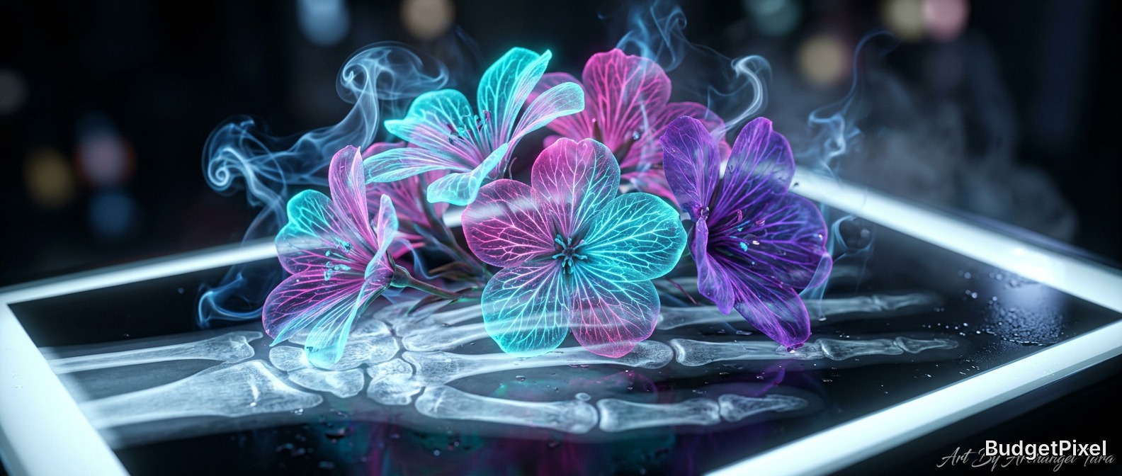 Neon blue and purple flowers glow on a reflective tablet screen with wispy smoke.