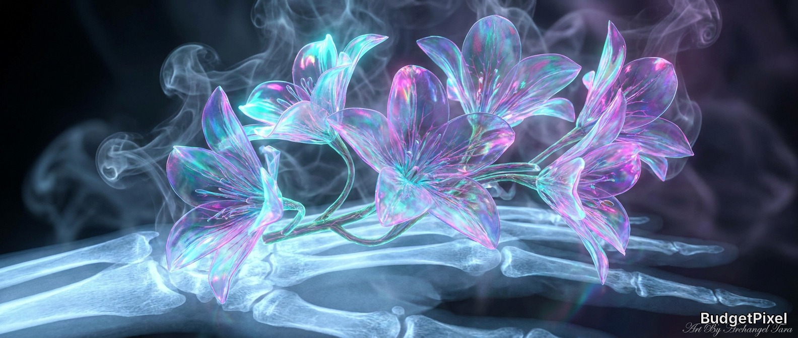 Neon glowing flowers atop an X-ray hand, a surreal medical-art fusion.