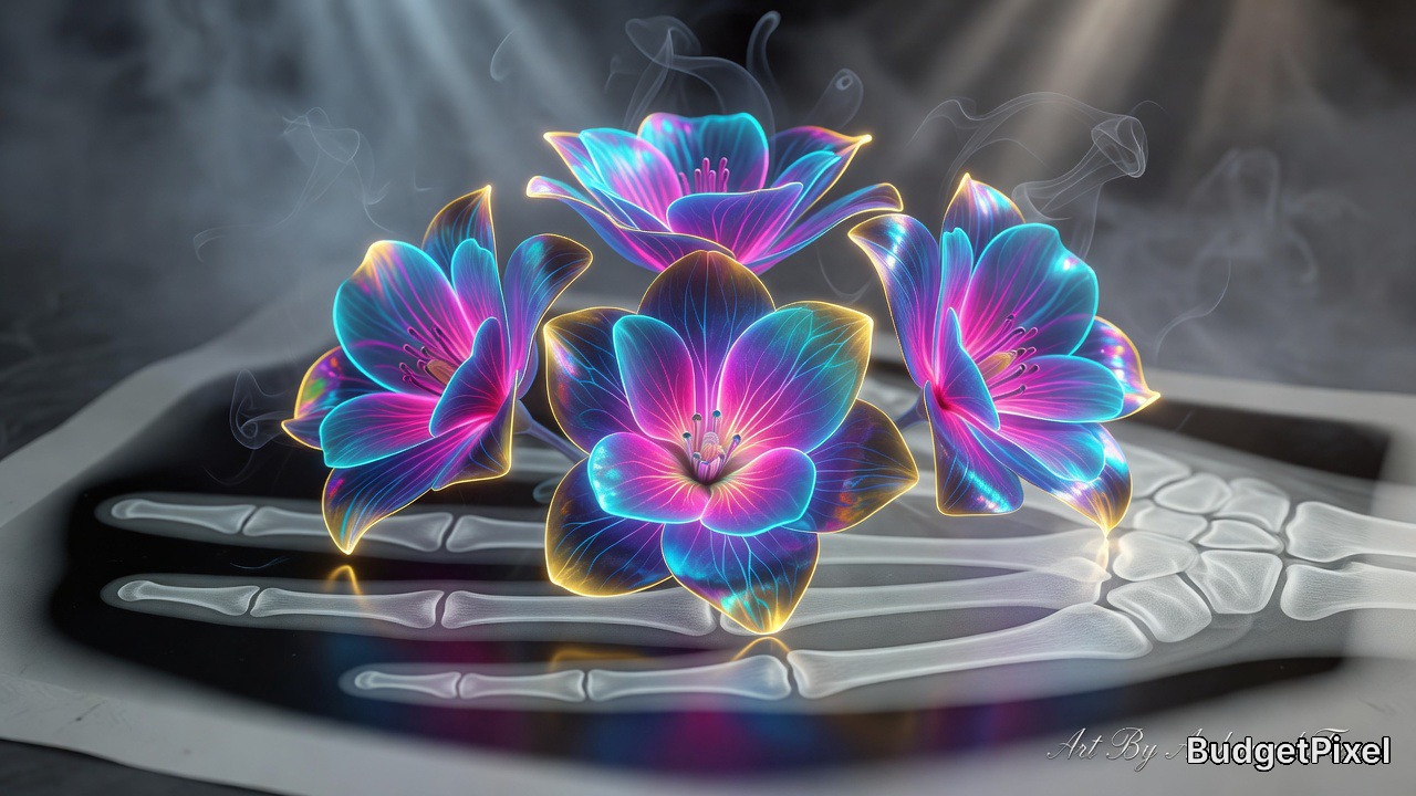 Neon glowing flowers resting on an X-ray hand skeleton.