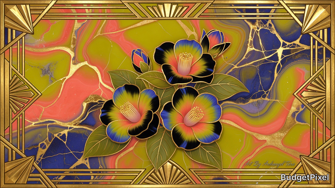 Colorful floral painting with blue-yellow-red flowers framed by a gold geometric border.