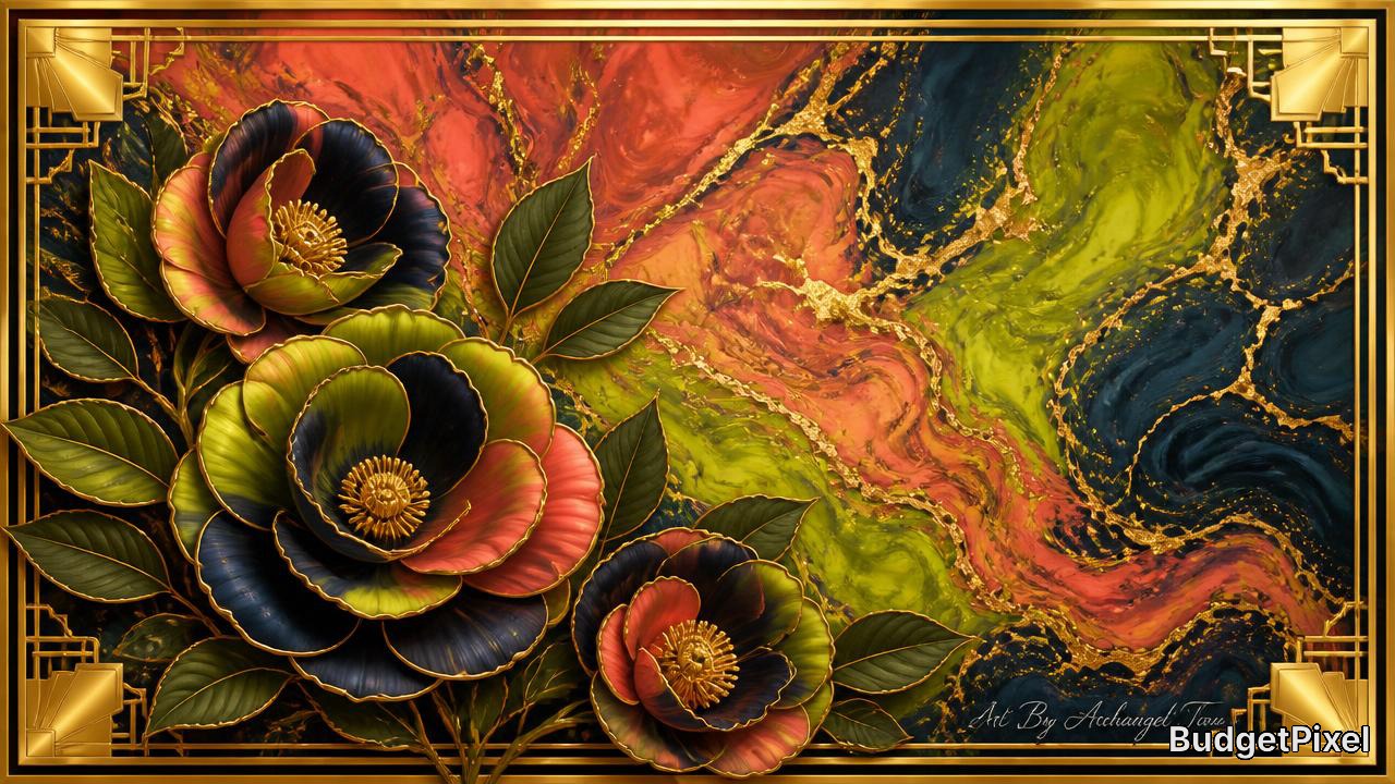 Ornate painting of multi-colored camellia-like flowers with a gold frame and swirling marble background.