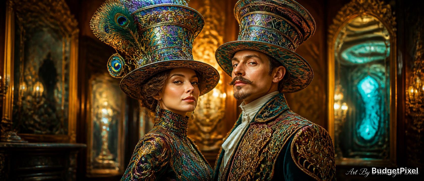 Couple in ornate metallic costumes with oversized jeweled top hats in a candlelit, opulent baroque interior.