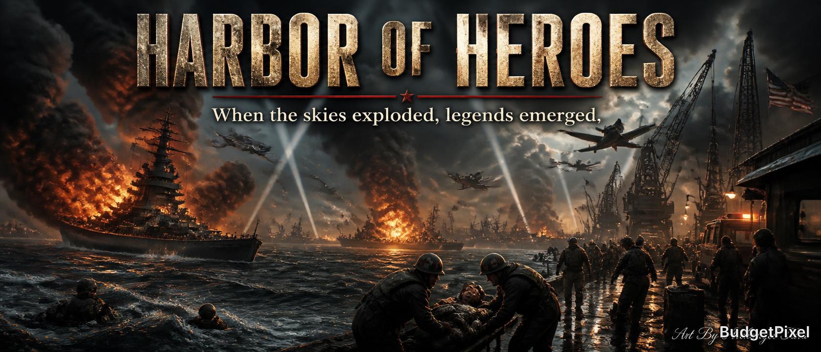 Dramatic harbor battle scene with burning ships and soldiers rescuing survivors under smoky skies.