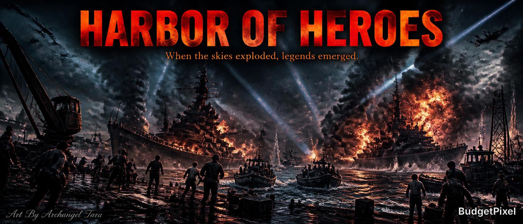 Dramatic harbor battle scene with burning ships, soldiers on the shore, and fiery explosions at night.
