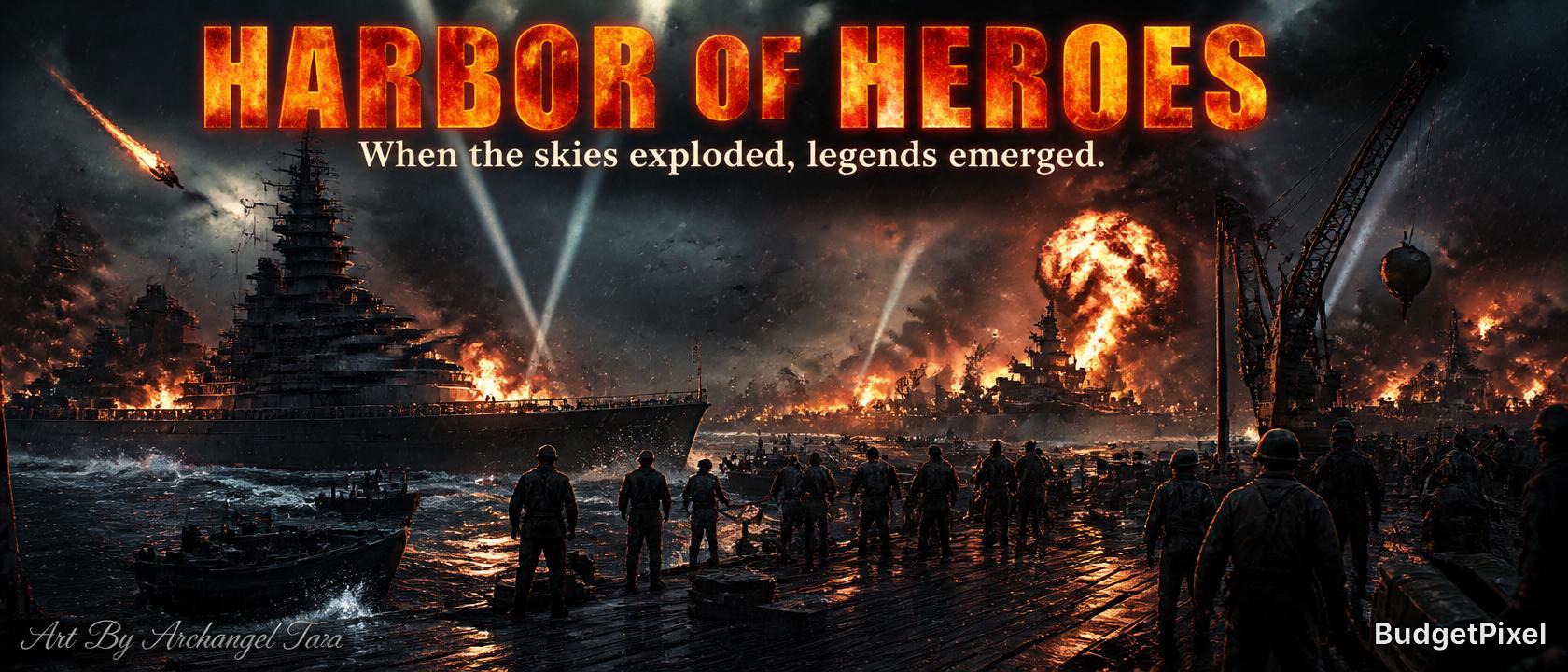 Dramatic night harbor battle with fiery explosions, warships, and soldiers silhouetted against smoke and flames.