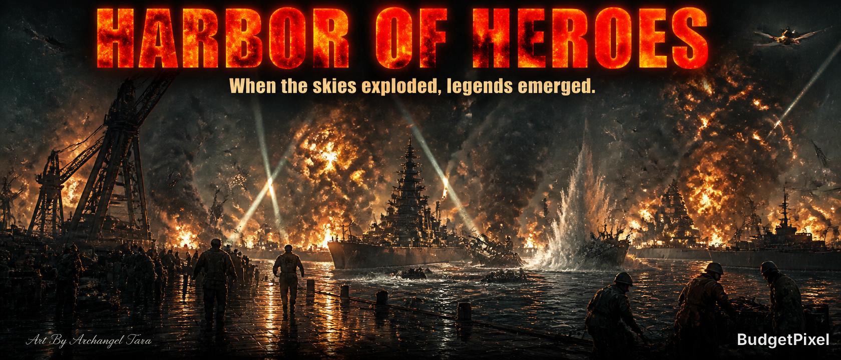 Harbor battle scene with burning ships, flames, and silhouettes of soldiers at night.