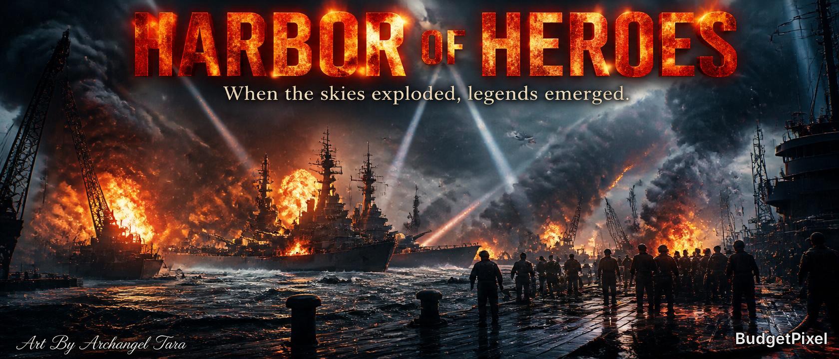 Battle scene at a harbor with fiery explosions, ships on fire, and soldiers marching along the pier.