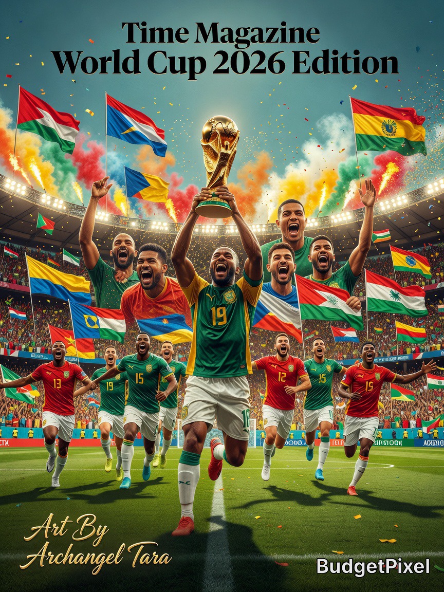 Soccer players celebrate on a stadium field, lifting a trophy amid flags and confetti.