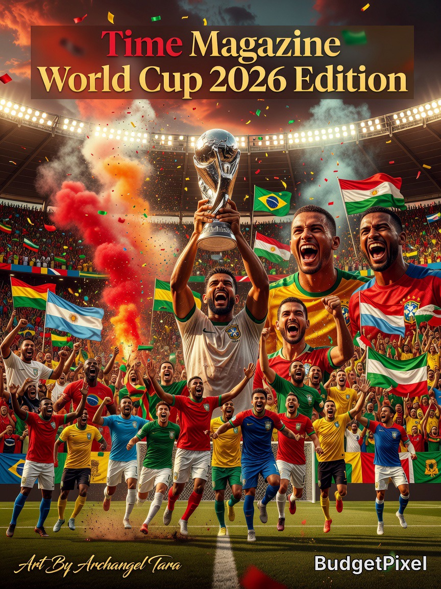 Soccer players celebrate with the World Cup trophy on a stadium field, with flags and confetti.