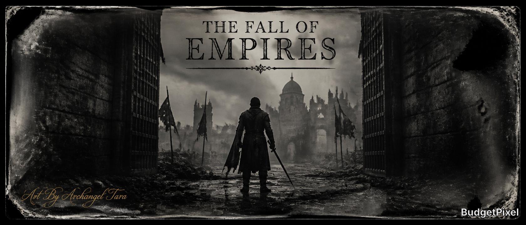 Silhouetted figure stands before ruined gates and a crumbling empire city in grayscale.