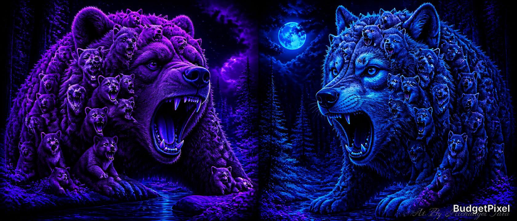 Two neon blue and purple wolves facing off, their bodies formed by smaller wolf figures under a moonlit forest.