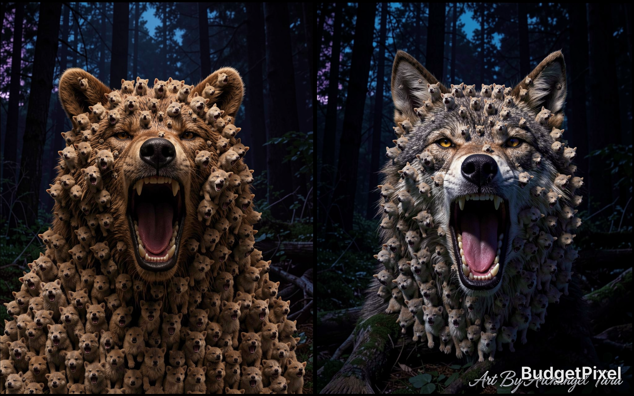 Two wolves with fur made of hundreds of tiny wolf heads in a dark forest.