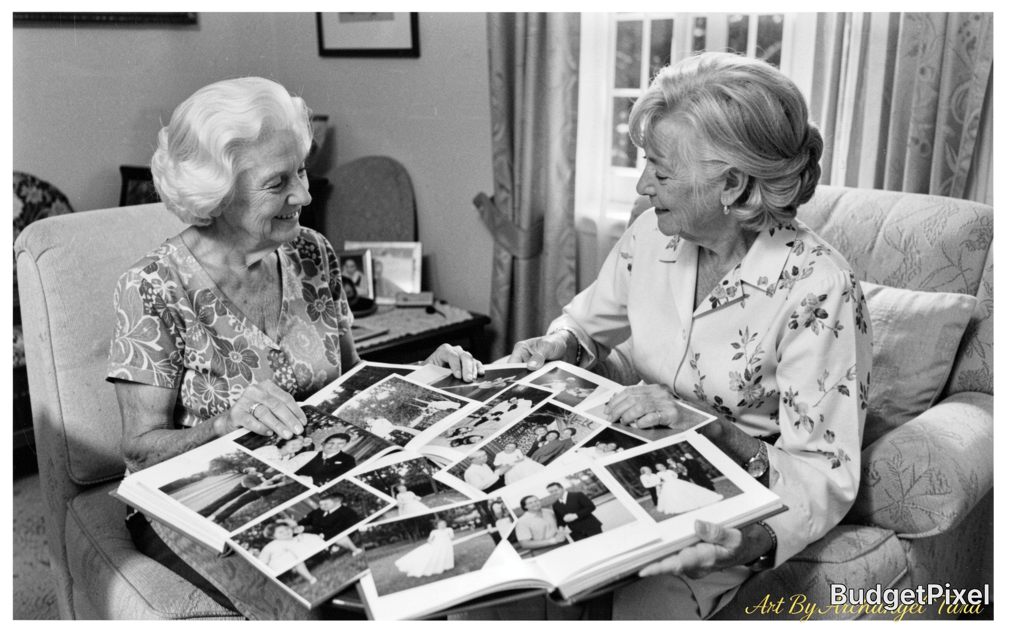 Two elderly women sitting on a sofa looking through a photo album together.