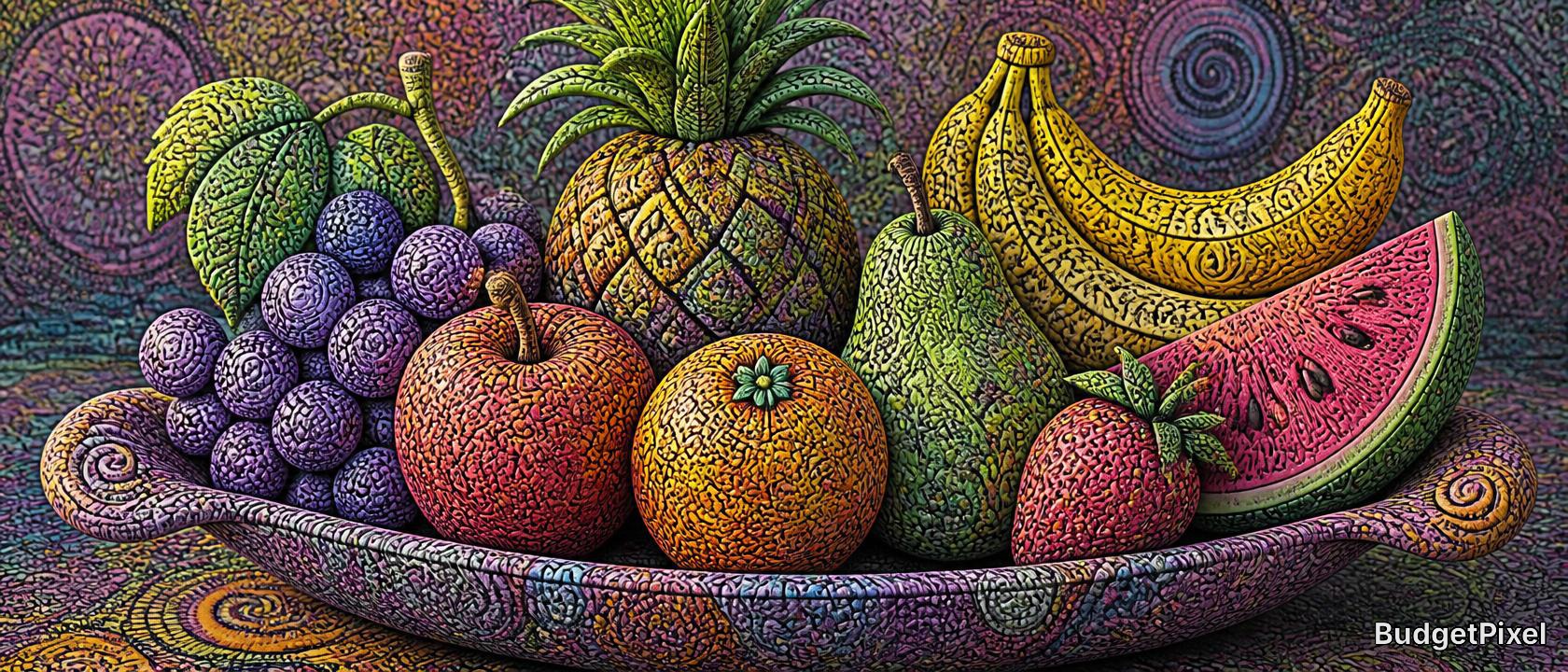 Colorful mosaic-style still life of tropical fruits on a patterned tray (pineapple, bananas, watermelon, grapes, pear, app...