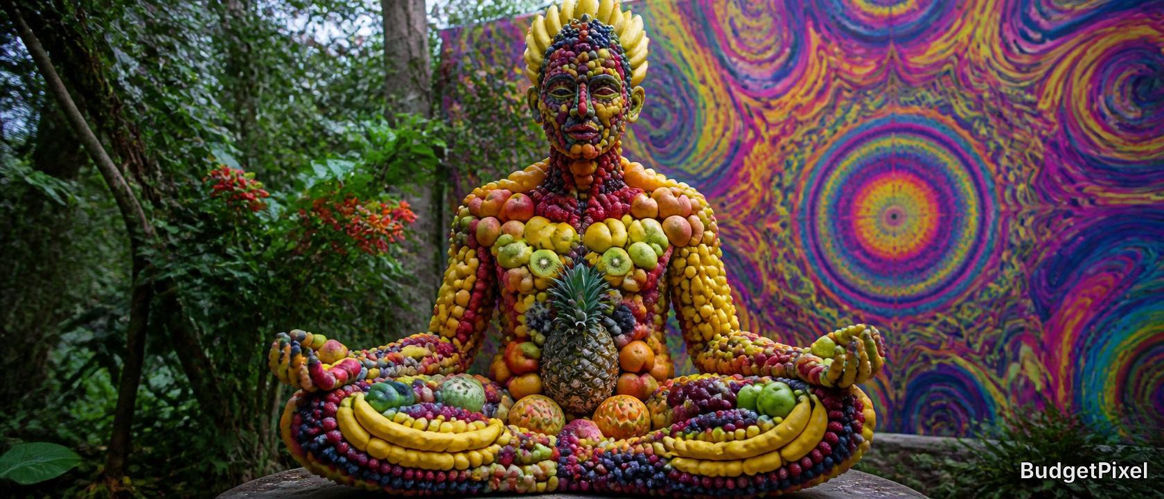 Human figure sculpture made from fruits arranged in a seated meditation pose in a garden.