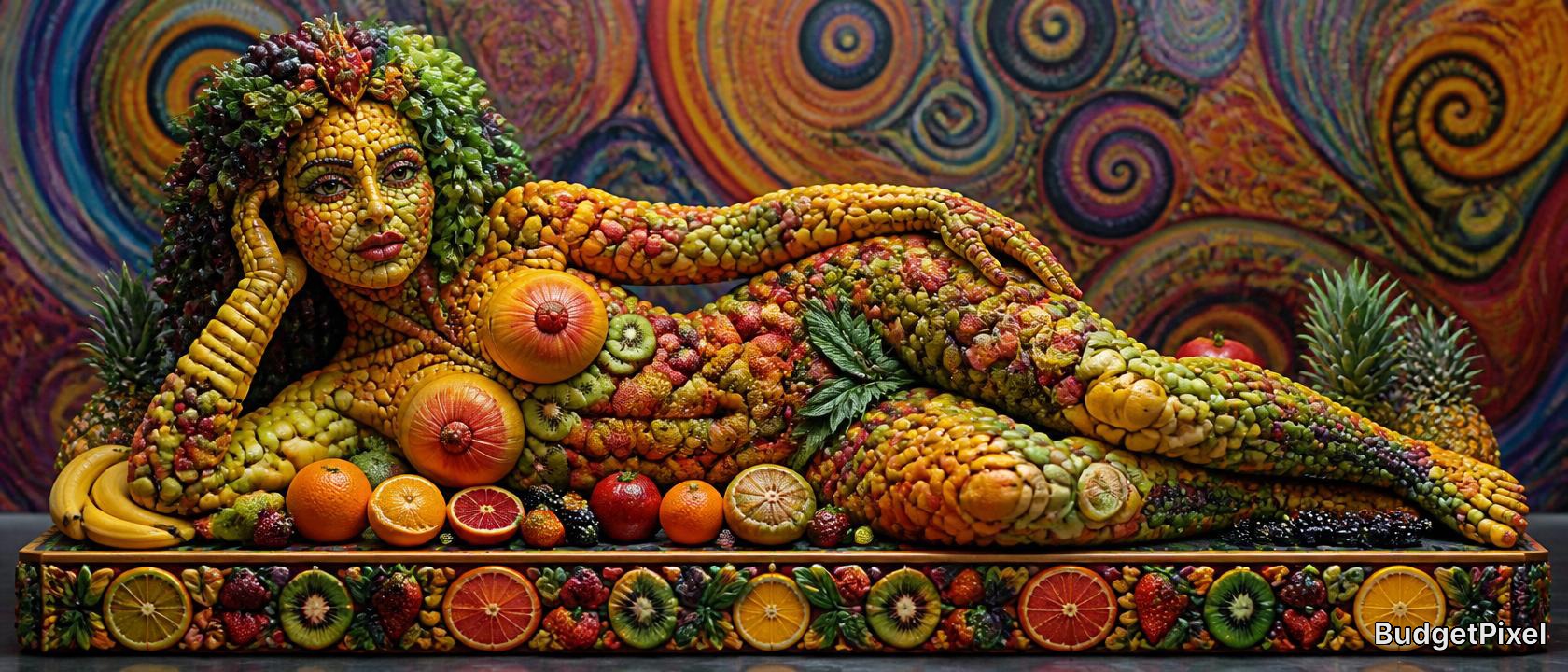 Reclining woman sculpture formed from colorful fruits and vegetables in a vibrant edible art display.