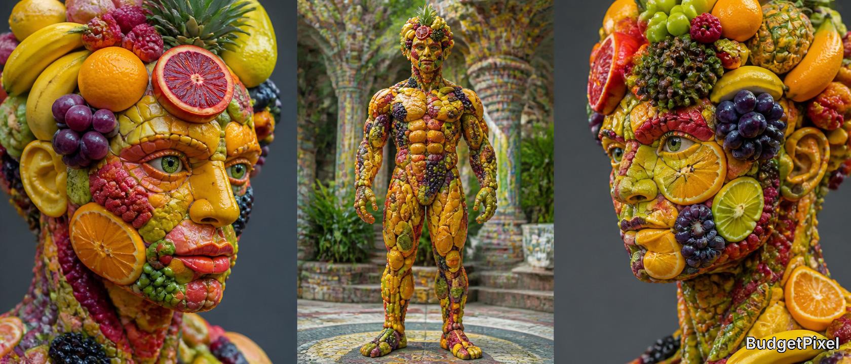 Human figure covered in a mosaic of colorful fruits and vegetables forming a fruit-based wearable sculpture.