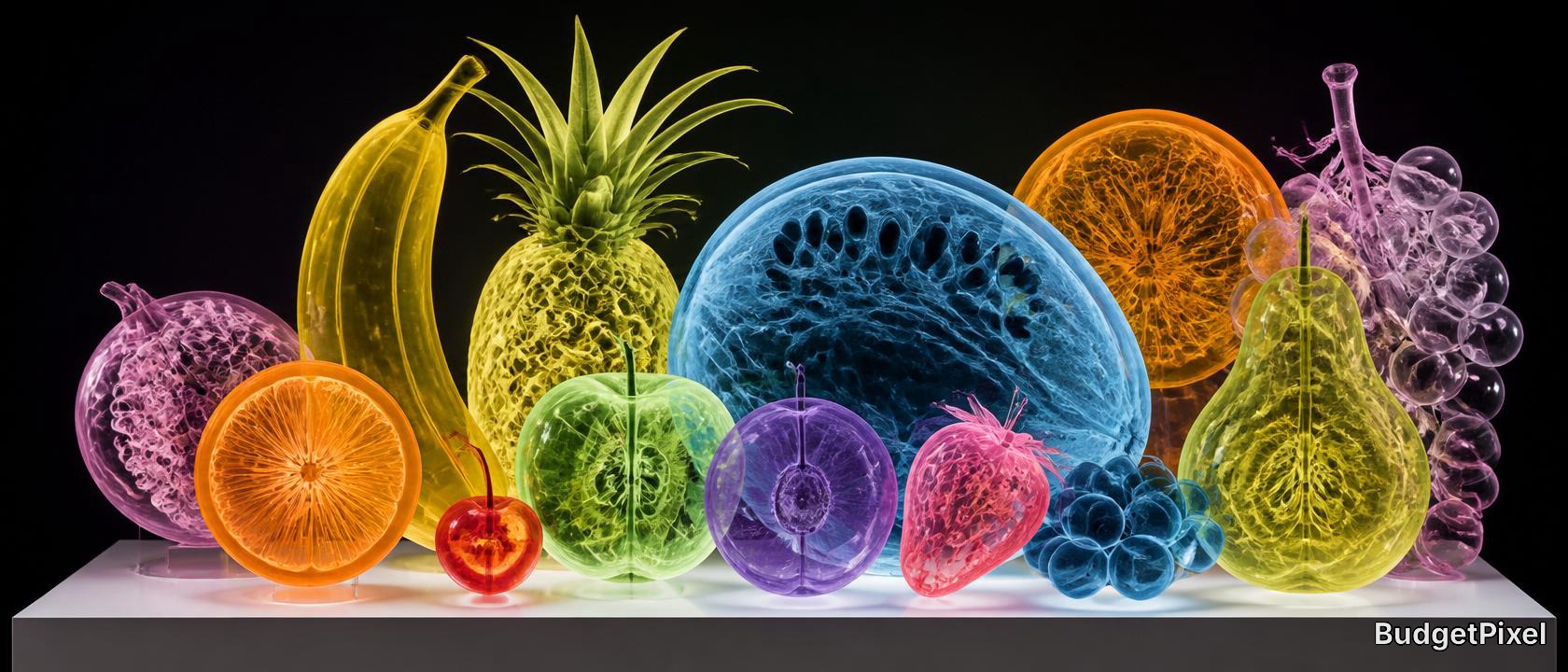 Colorful translucent glass fruit display on a white pedestal against a black background.