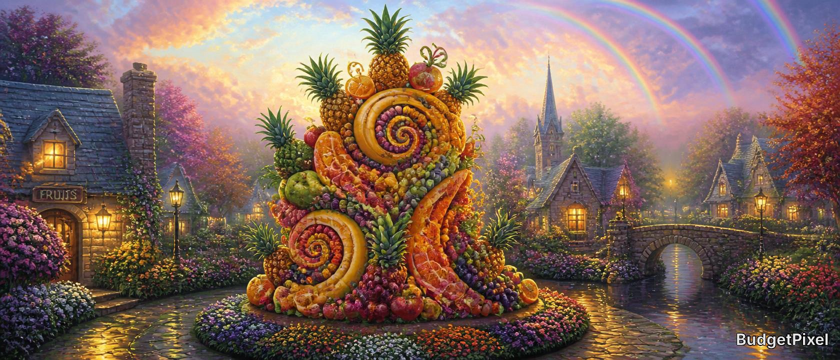 Large colorful fruit sculpture centerpiece in a whimsical village square under a rainbow