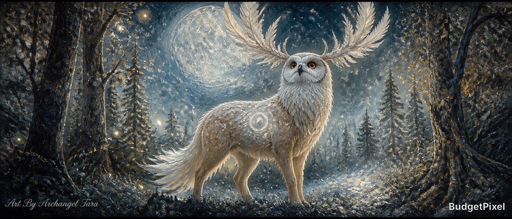 White snowy owl with antler-like horns standing in a moonlit icy forest