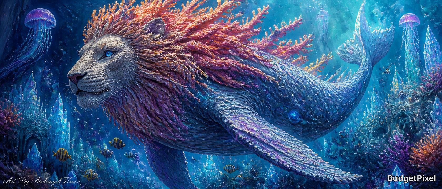 Fantasy sea lion with a lion-like mane swims through a vibrant coral reef.