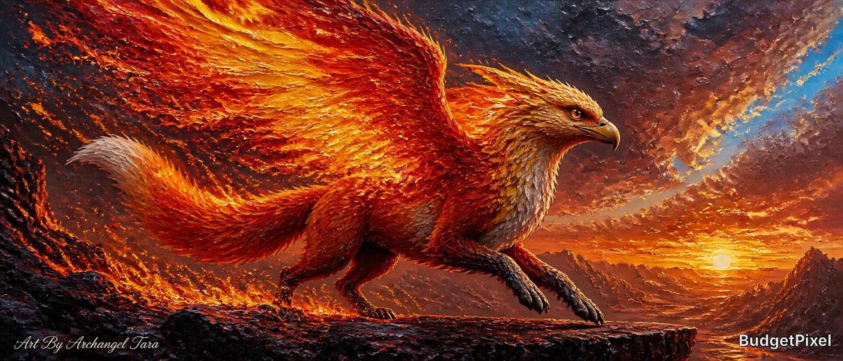 Fiery orange-red eagle soaring over a lava-filled volcanic landscape at sunset.