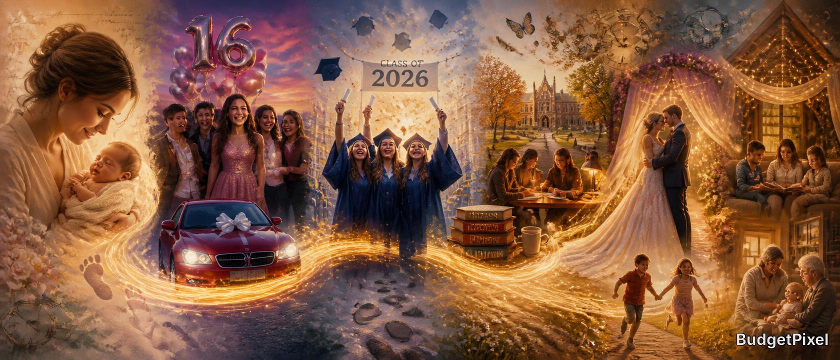 Dreamy collage showing graduation, wedding, baby, and family moments with golden light and a flowing ribbon of celebration.