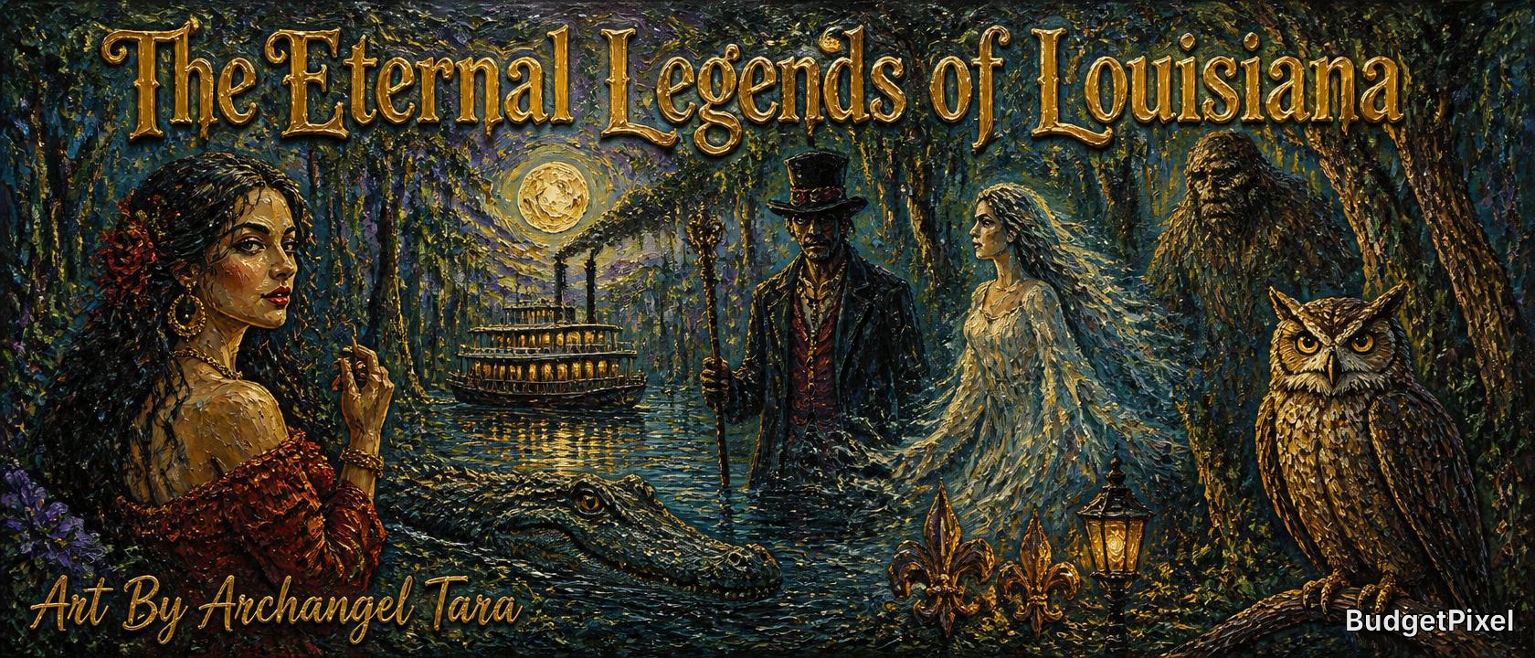 Moonlit Louisiana swamp fantasy scene with a steamboat, gothic figures, an alligator, and an owl.