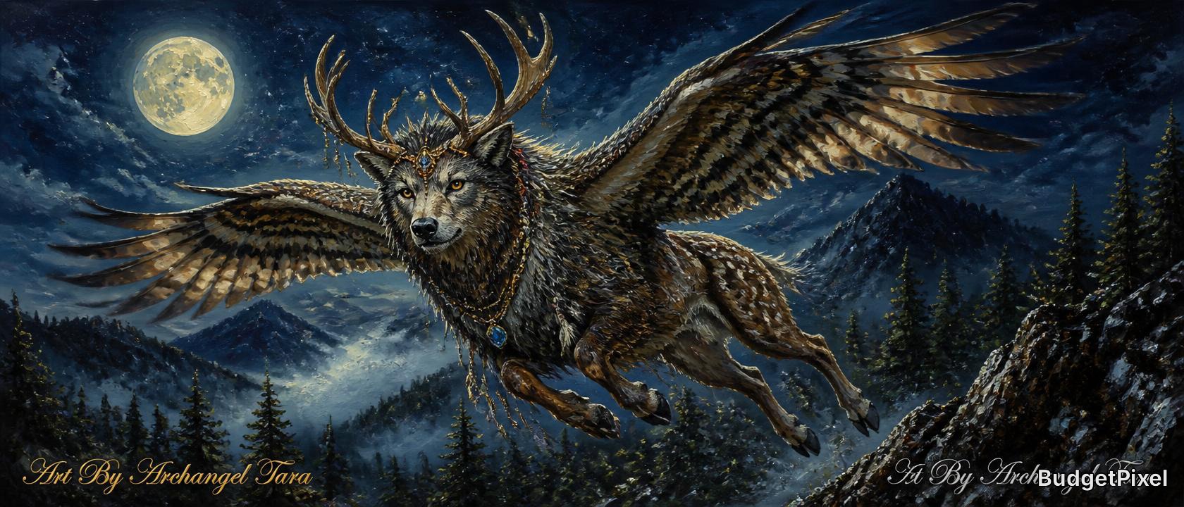 Moonlit night scene of a winged deer flying over a snowy forest and mountains.