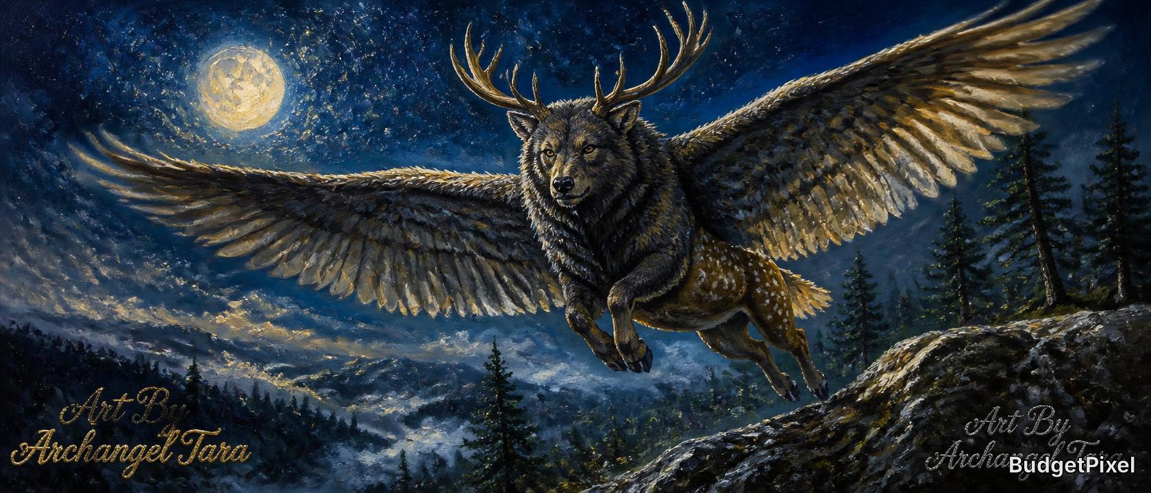 Moonlit night scene of a winged deer soaring over a snowy forest
