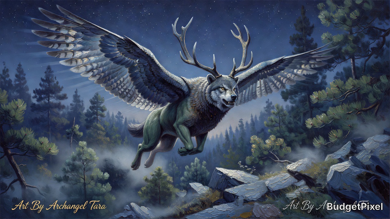 A majestic winged deer with antlers soaring over a moonlit forest.