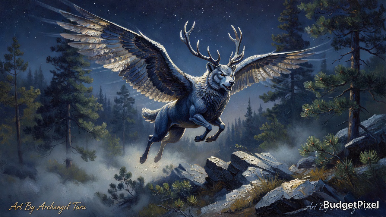 Mythical winged stag leaping above a rocky, moonlit forest.