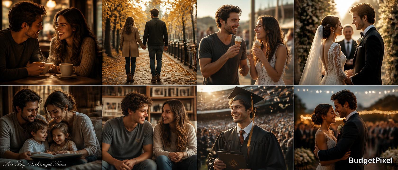 Collage of a smiling couple in warm autumn tones sharing coffee, walks, graduation, and wedding moments.