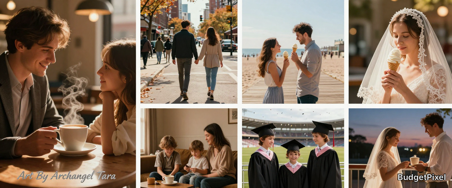 Collage of romantic and celebratory scenes: coffee date, couple walking, ice cream on the beach, bride in veil, family rea...