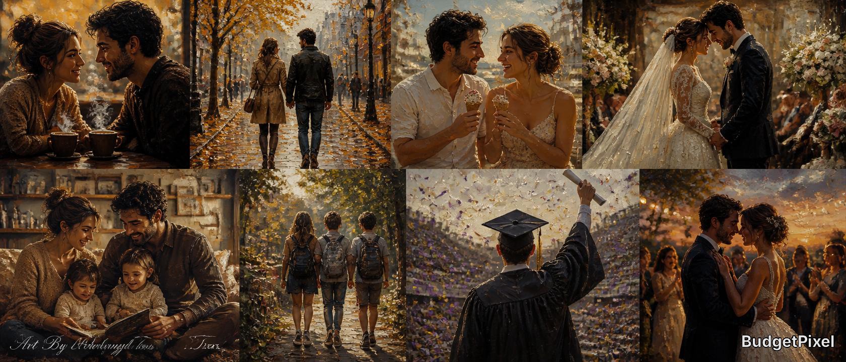 Romantic autumn wedding montage of a couple in cozy moments, walks, and celebrations amid fall foliage