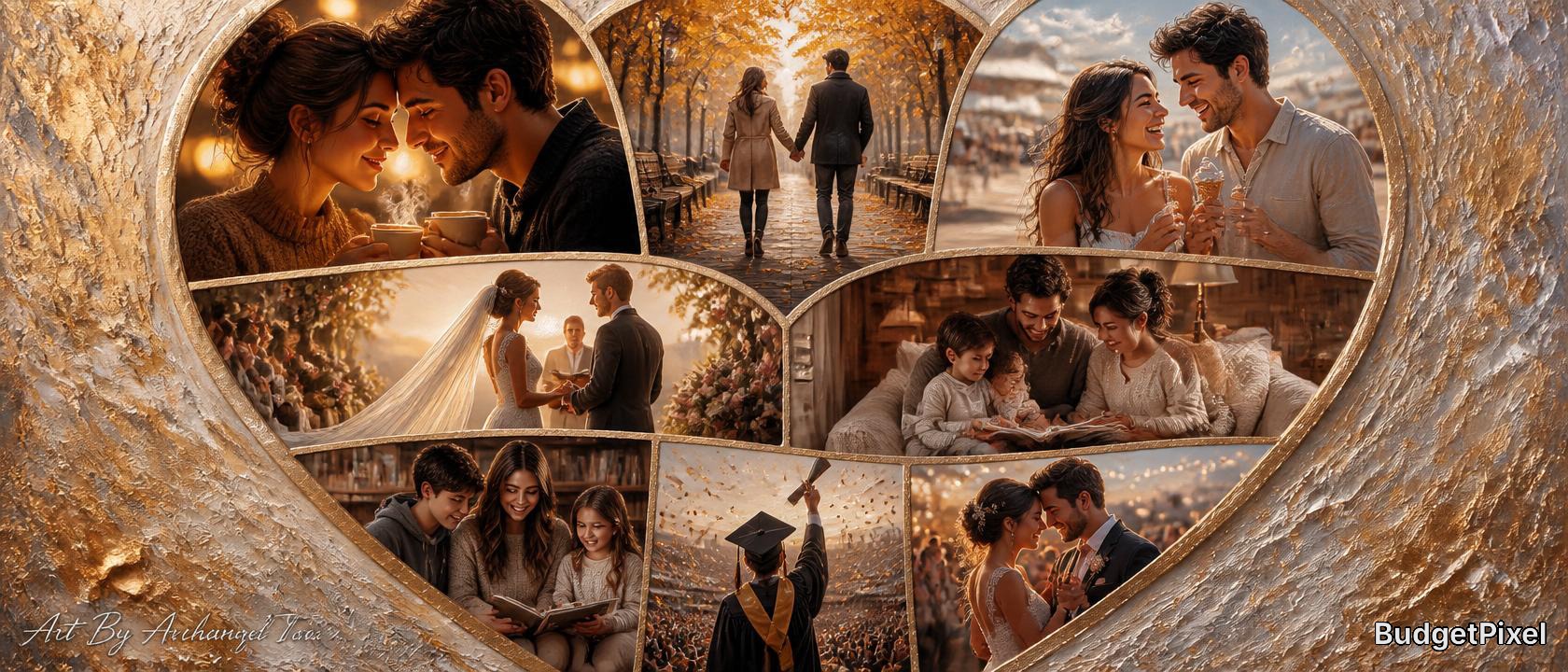 Romantic heart-shaped collage of a couple's warm autumn moments in golden tones.