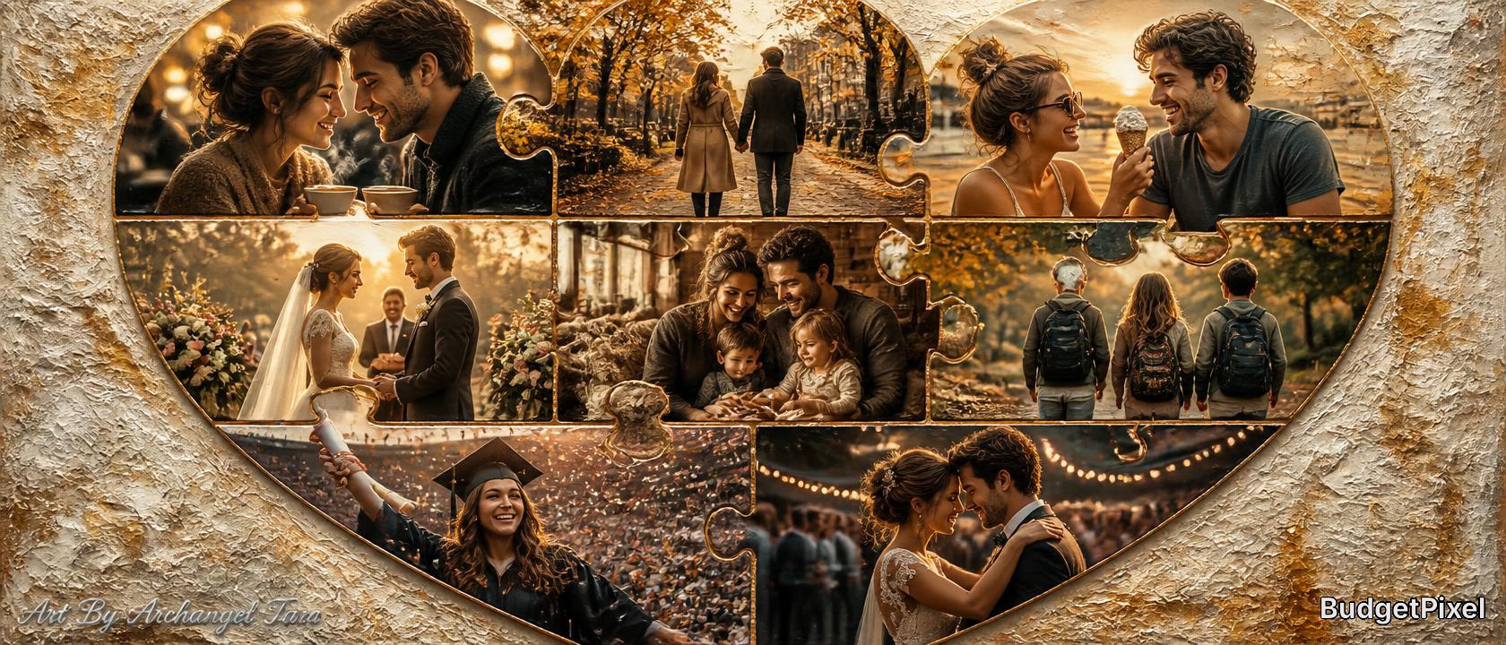 Puzzle-shaped collage of romantic autumn scenes featuring couples in love under warm, golden light.