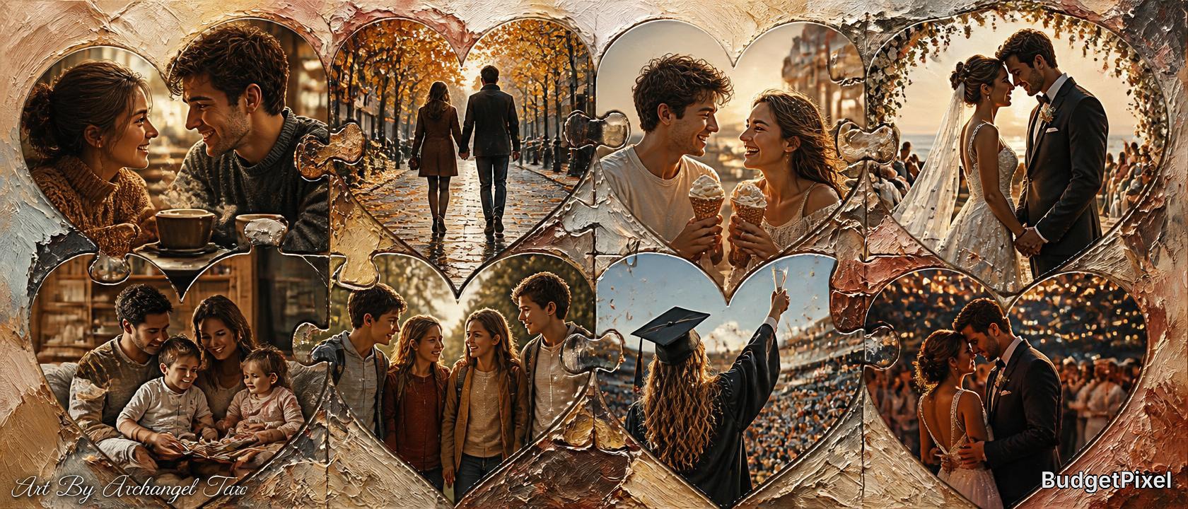 Collage of heart-shaped frames with couples in love, graduation, and wedding moments in warm autumn tones.