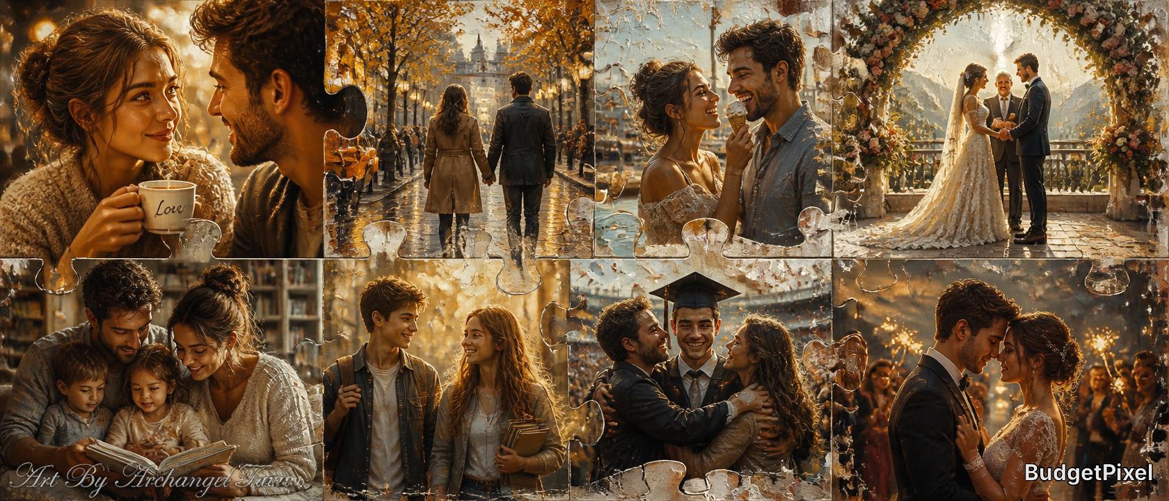 Romantic couple collage in warm autumn light with kisses, coffee date, and wedding arch scenes.