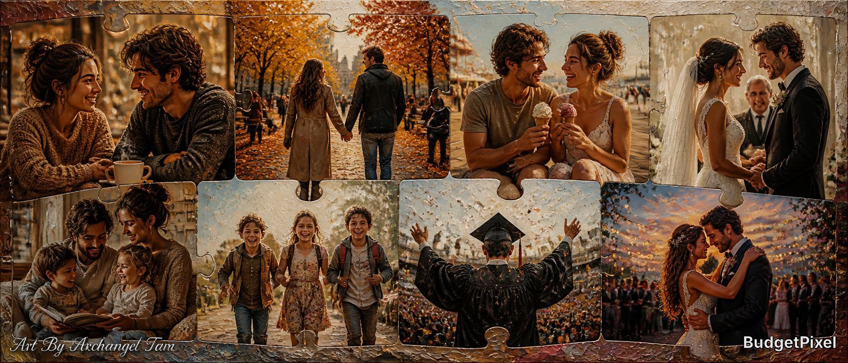Collage of romantic autumn scenes featuring couples, weddings, and warm golden-toned moments.