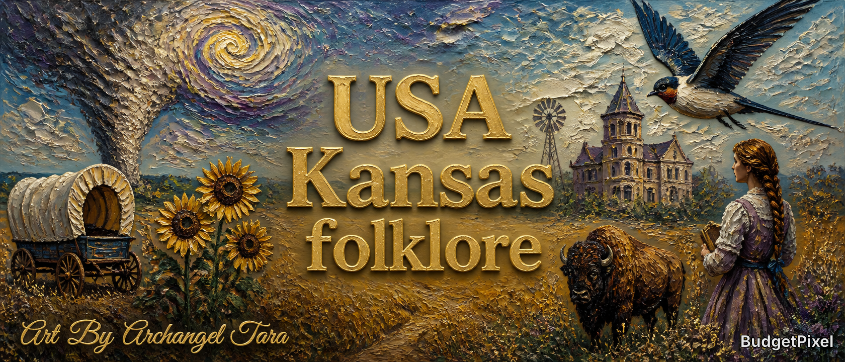 Textured artwork titled USA Kansas folklore featuring a wagon, sunflowers, tornado, bison, a girl in a dress, and a bird.