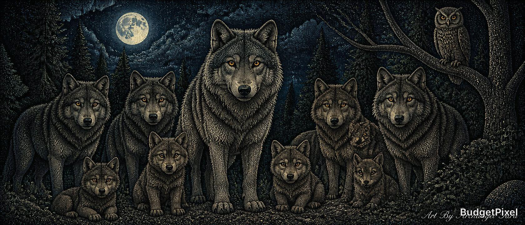 Night scene of a wolf pack in a moonlit forest with an owl perched on a branch.