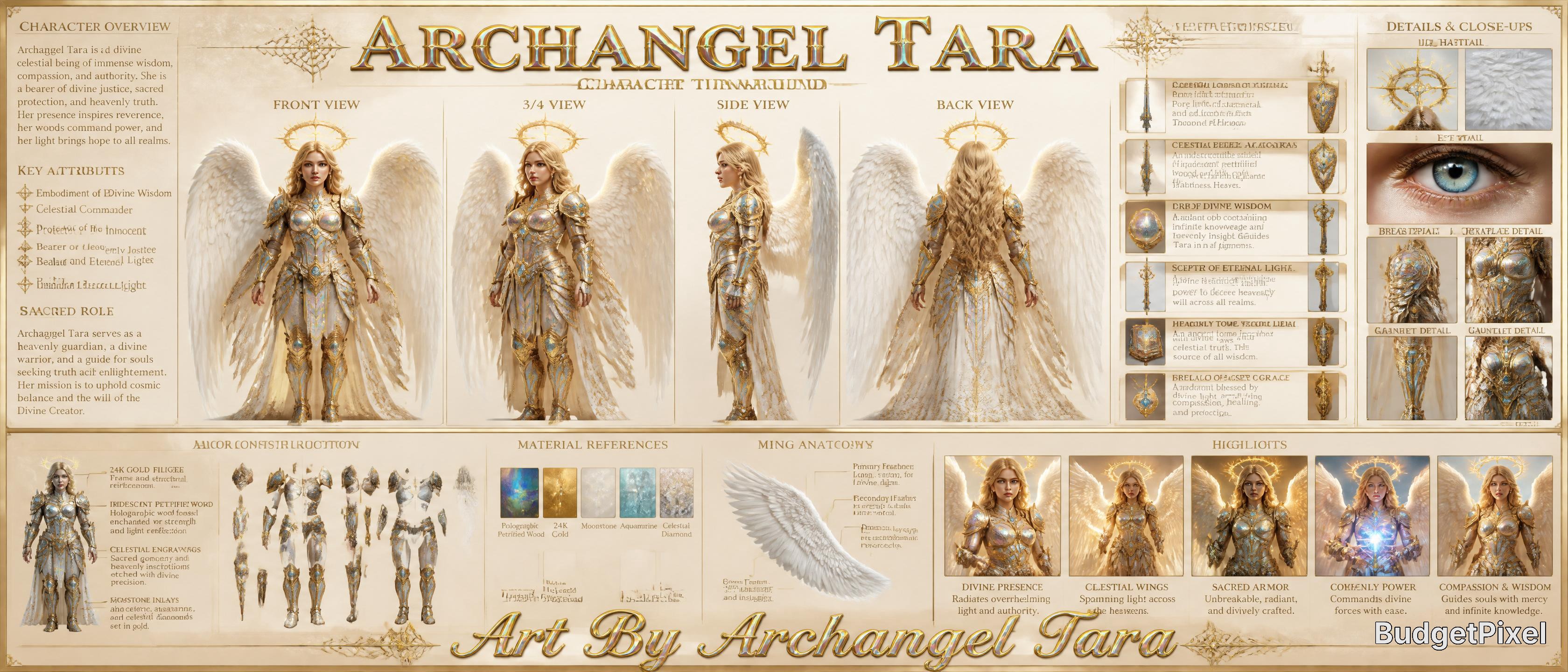 Archangel Tara divine warrior character reference sheet with multi-angle views, angelic armor, wings, design close-ups, an...