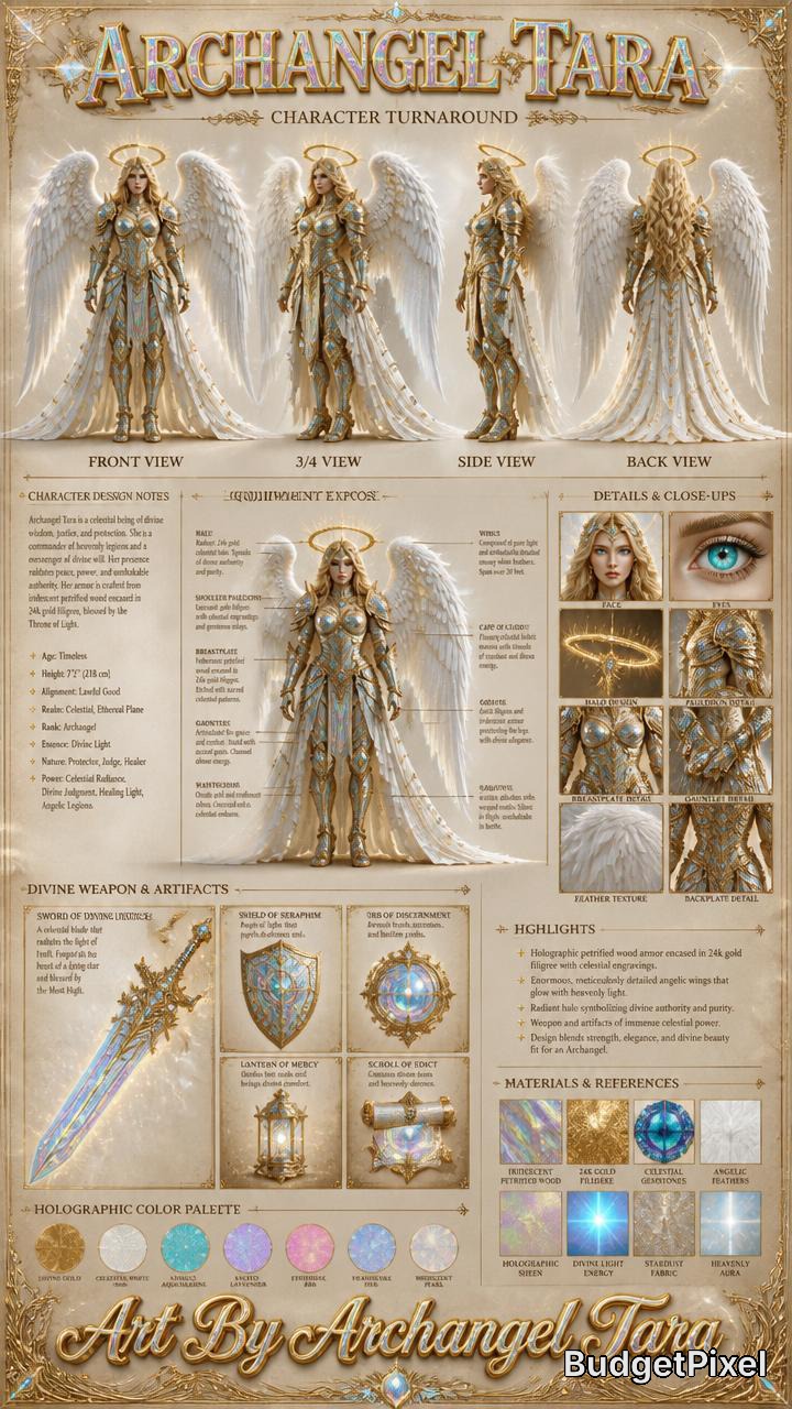 Archangel Tara fantasy character reference turnaround sheet, showcasing the celestial warrior angel's 360 views, armor, di...