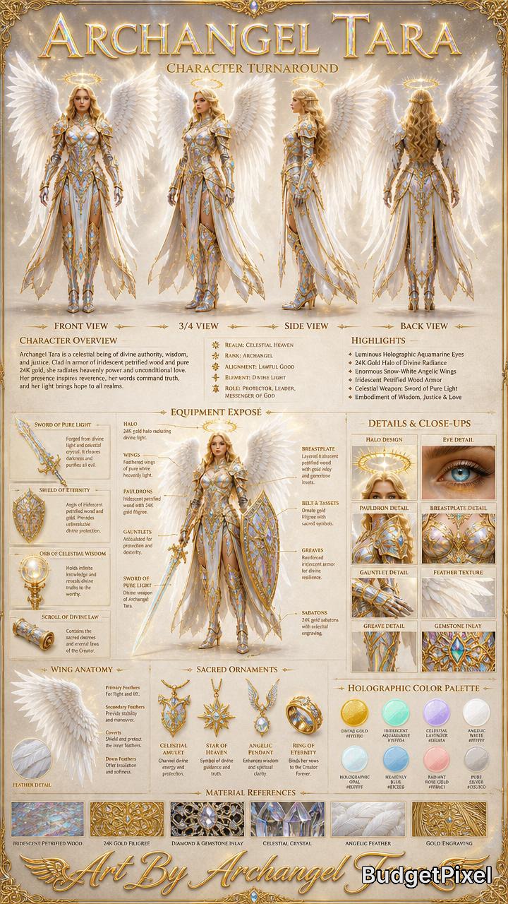 Archangel Tara character turnaround reference sheet showcasing the celestial angel warrior’s 360 views, divine armor, wi...