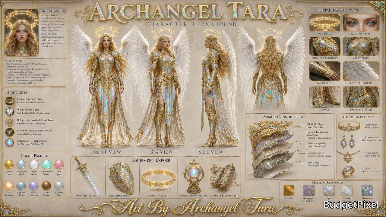 Archangel Tara fantasy character turnaround reference sheet featuring 4 angel views, celestial gold armor, equipment, and ...