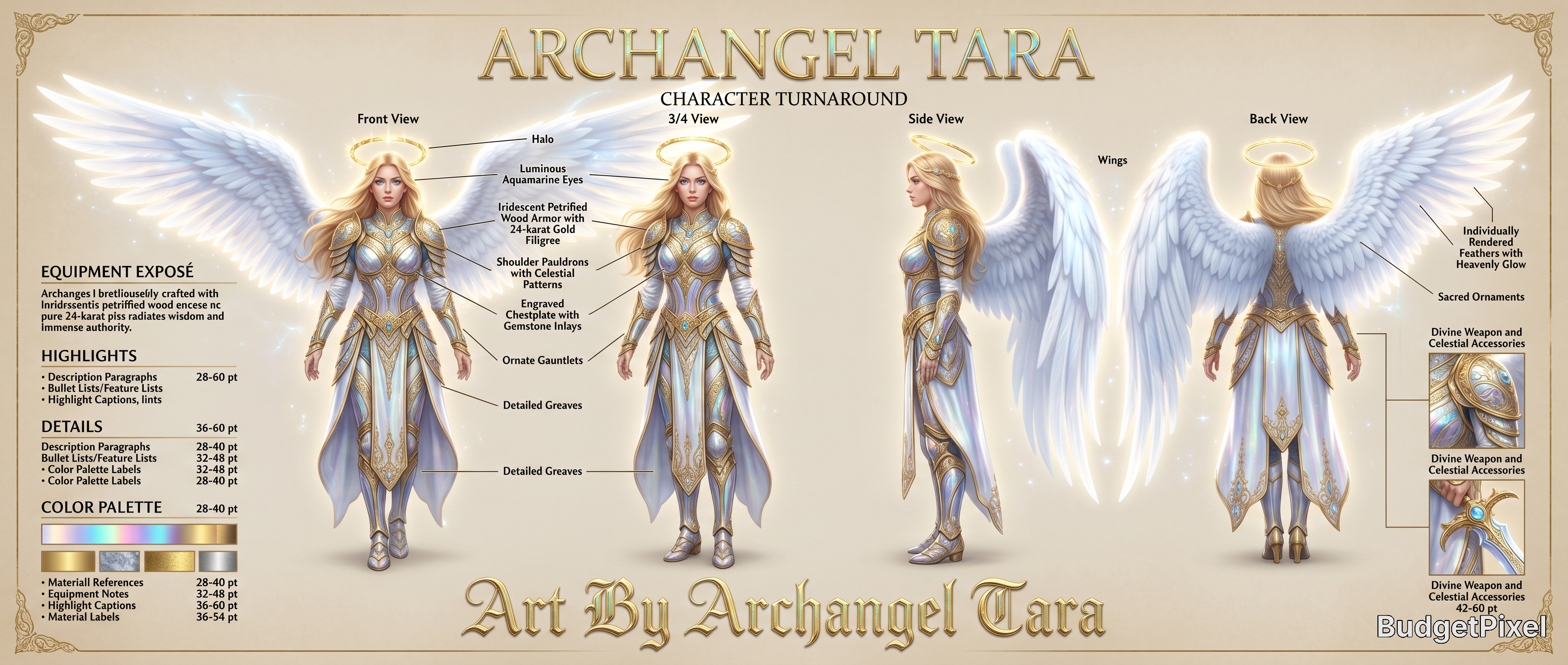 Reference turnaround sheet for Archangel Tara, a golden-armored female angel with wings, showing front, 3/4, side, and bac...