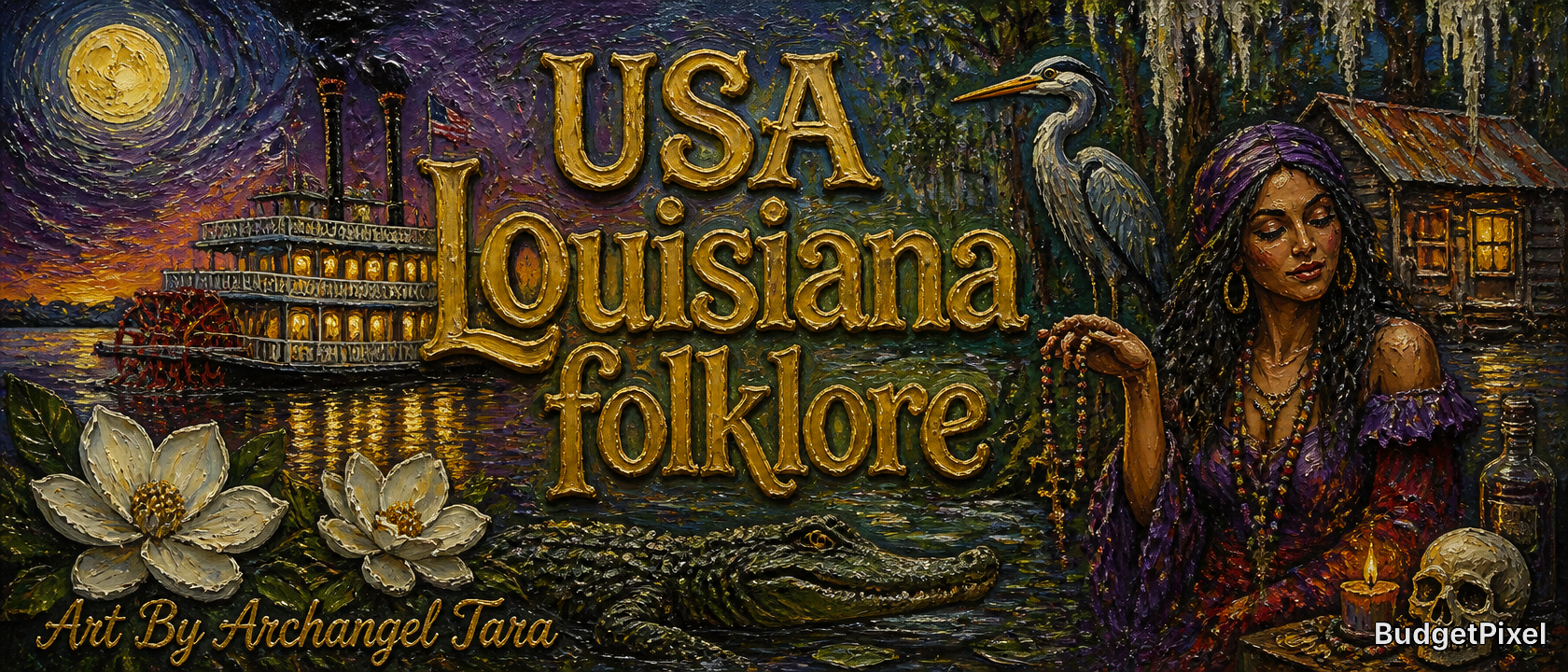 Textured folk art banner for USA Louisiana Folklore, featuring a bayou spiritual practitioner, steamboat, alligator, heron...